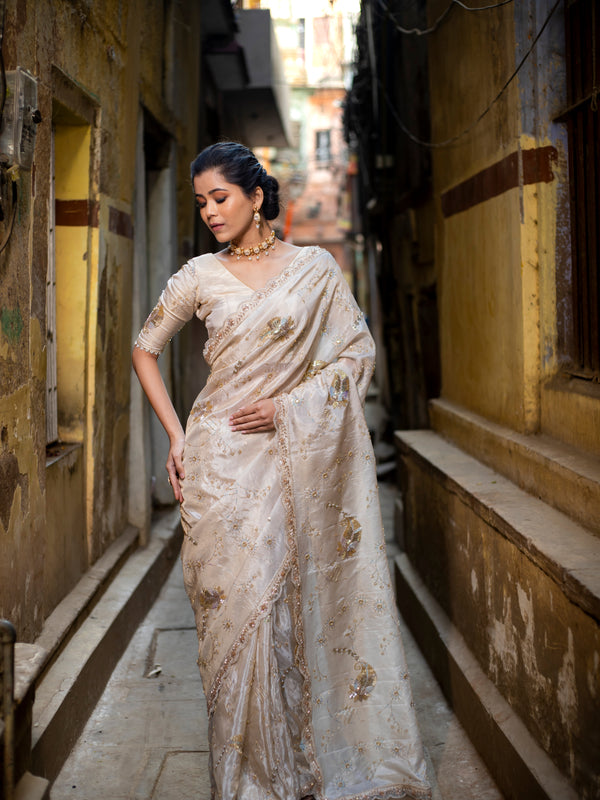 Exquisite Banarasi Kat Dana work designer pure tissue crape silk saree