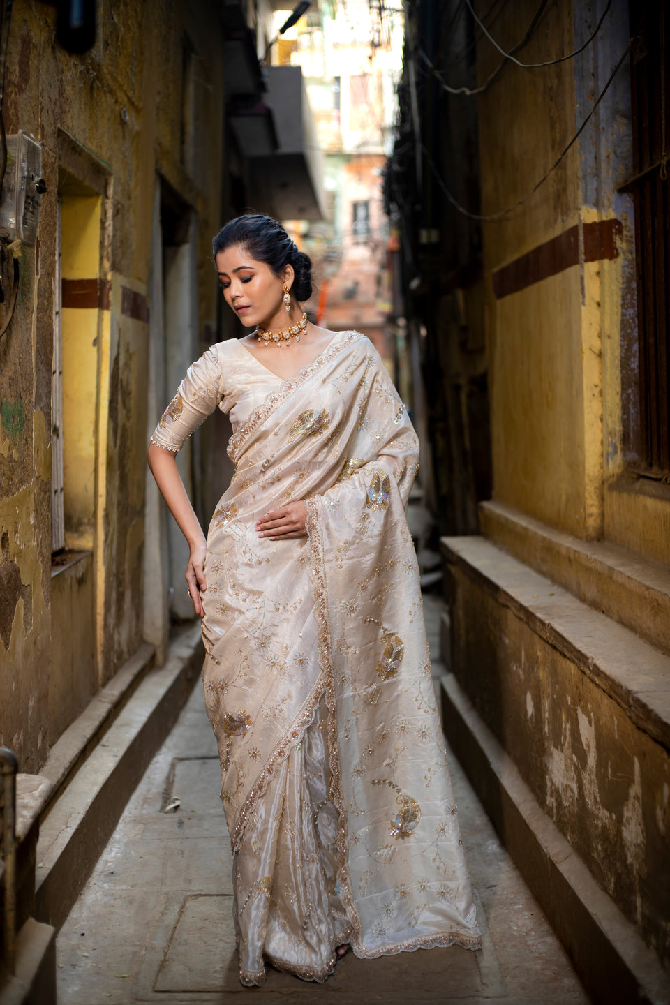 Exquisite Banarasi Katdana work designer pure tissue crape silk saree