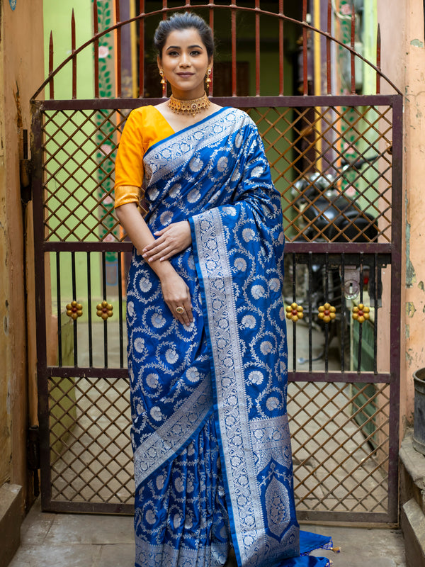 German Blue Floral Jaal Banarasi Mashru Silk Saree | Soft & Elegant