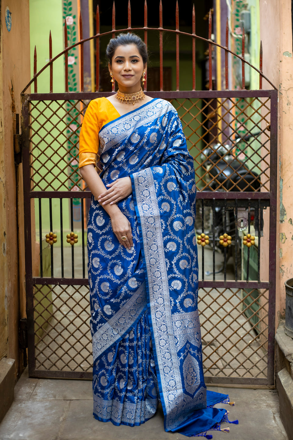 German Blue Floral Jaal Banarasi Mashru Silk Saree | Soft & Elegant