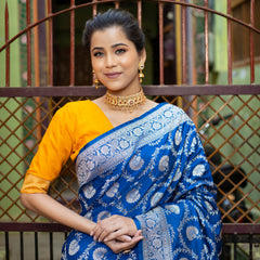 German Blue Floral Jaal Banarasi Mashru Silk Saree | Soft & Elegant