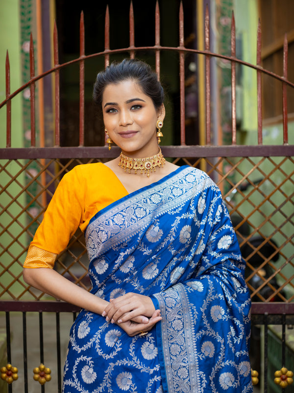 German Blue Floral Jaal Banarasi Mashru Silk Saree | Soft & Elegant