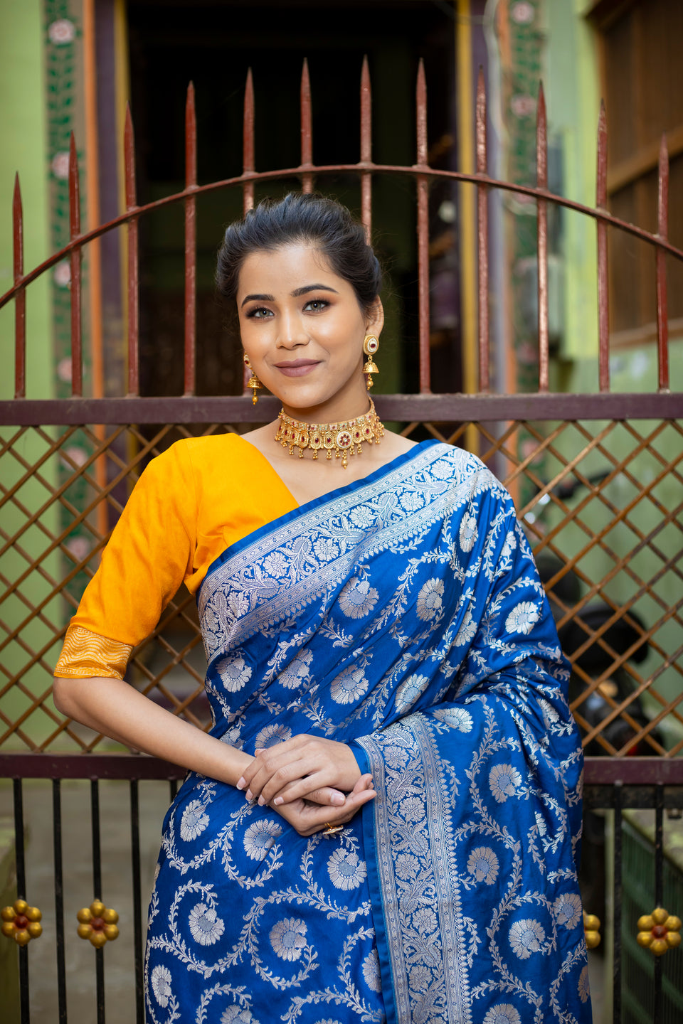 German Blue Floral Jaal Banarasi Mashru Silk Saree | Soft & Elegant