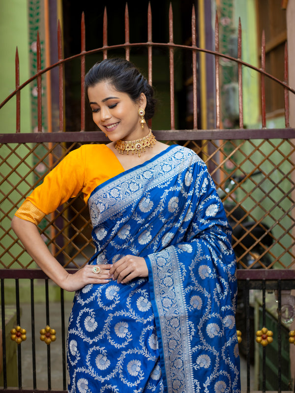 German Blue Floral Jaal Banarasi Mashru Silk Saree | Soft & Elegant