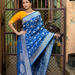 German Blue Floral Jaal Banarasi Mashru Silk Saree | Soft & Elegant