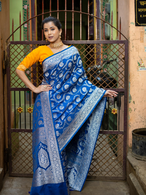 German Blue Floral Jaal Banarasi Mashru Silk Saree | Soft & Elegant