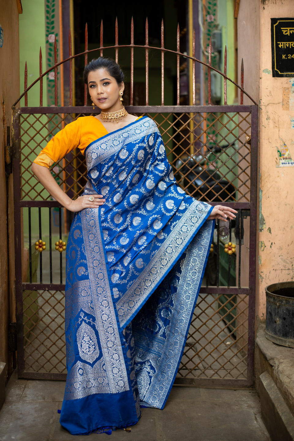 German Blue Floral Jaal Banarasi Mashru Silk Saree | Soft & Elegant