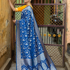 German Blue Floral Jaal Banarasi Mashru Silk Saree | Soft & Elegant
