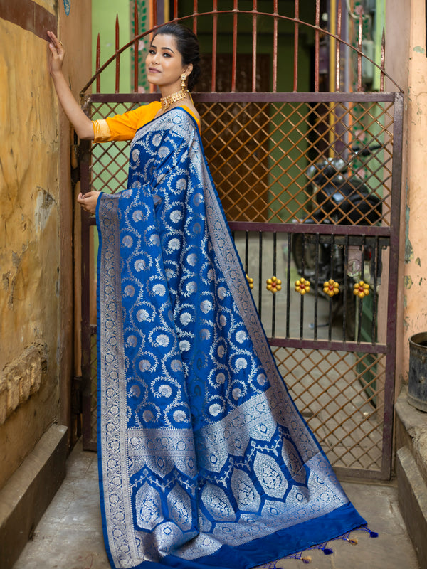 German Blue Floral Jaal Banarasi Mashru Silk Saree | Soft & Elegant