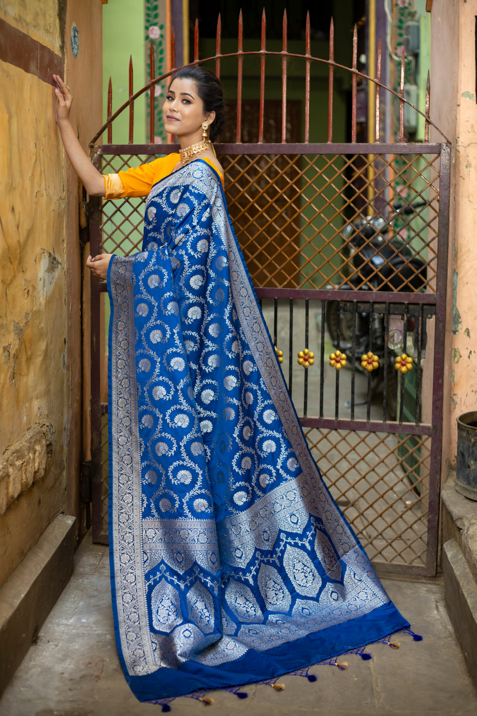 German Blue Floral Jaal Banarasi Mashru Silk Saree | Soft & Elegant