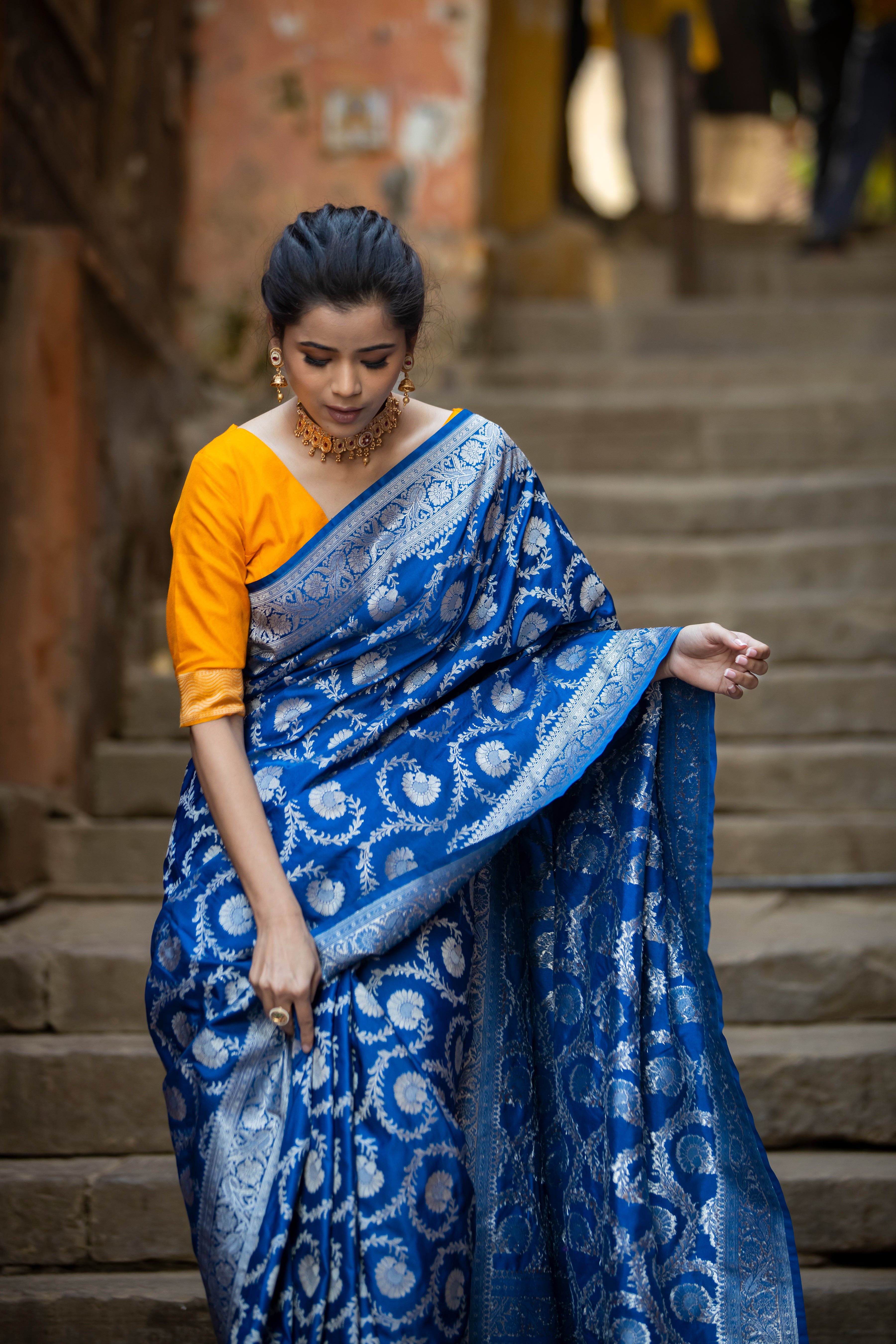 German Blue Floral Jaal Banarasi Mashru Silk Saree | Soft & Elegant ...