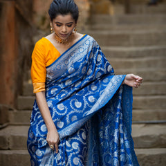 German Blue Floral Jaal Banarasi Mashru Silk Saree | Soft & Elegant