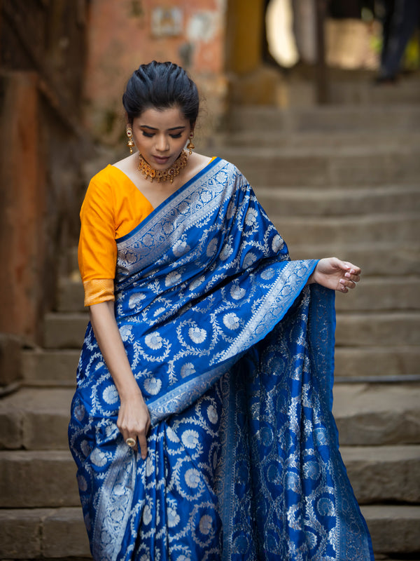 German Blue Floral Jaal Banarasi Mashru Silk Saree | Soft & Elegant