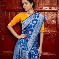 German Blue Floral Jaal Banarasi Mashru Silk Saree | Soft & Elegant