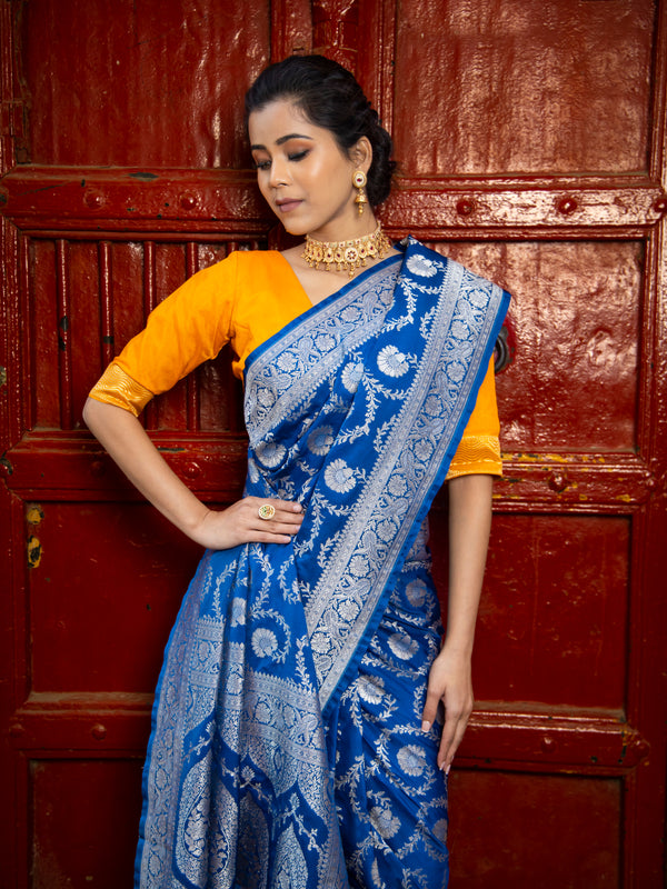 German Blue Floral Jaal Banarasi Mashru Silk Saree | Soft & Elegant