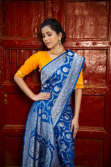 German Blue Floral Jaal Banarasi Mashru Silk Saree | Soft & Elegant