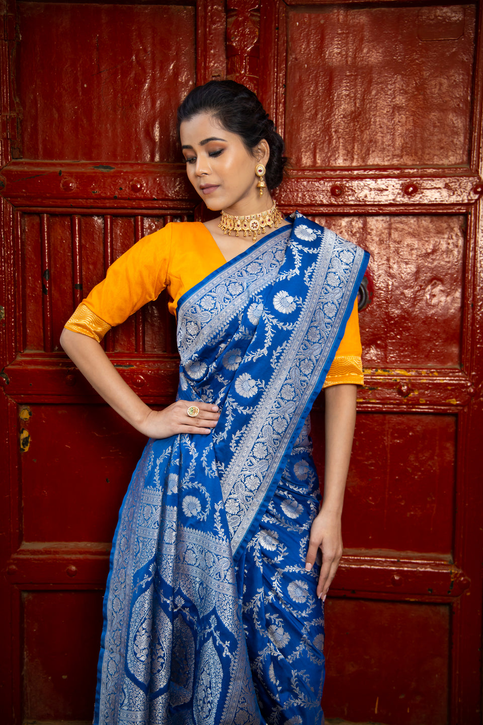 German Blue Floral Jaal Banarasi Mashru Silk Saree | Soft & Elegant