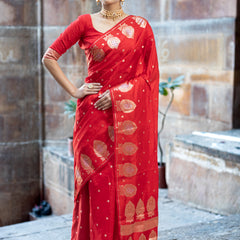 Sacrlet Red Alfi Motif Banarasi Zari Border Saree And Pallu