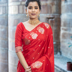 Sacrlet Red Alfi Motif Banarasi Zari Border Saree And Pallu