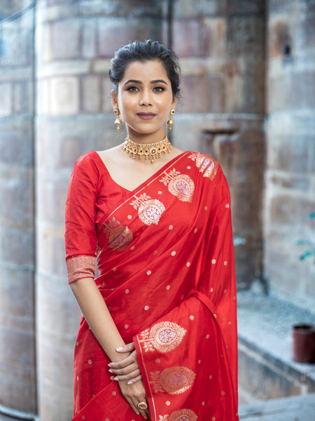 Sacrlet Red Alfi Motif Banarasi Zari Border Saree And Pallu