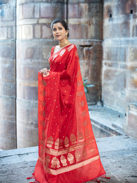 Sacrlet Red Alfi Motif Banarasi Zari Border Saree And Pallu