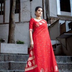 Sacrlet Red Alfi Motif Banarasi Zari Border Saree And Pallu