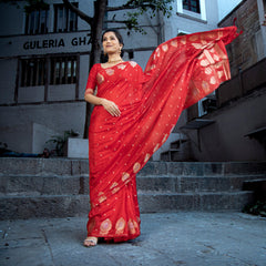 Sacrlet Red Alfi Motif Banarasi Zari Border Saree And Pallu