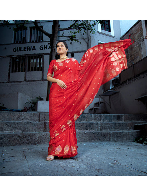 Sacrlet Red Alfi Motif Banarasi Zari Border Saree And Pallu