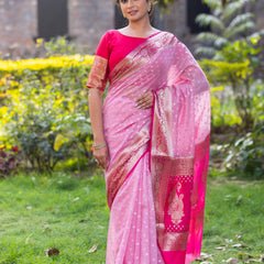 Rani Baby Pink Banarasi Woven Soft Georgette Saree | Circle Buti Pattern
