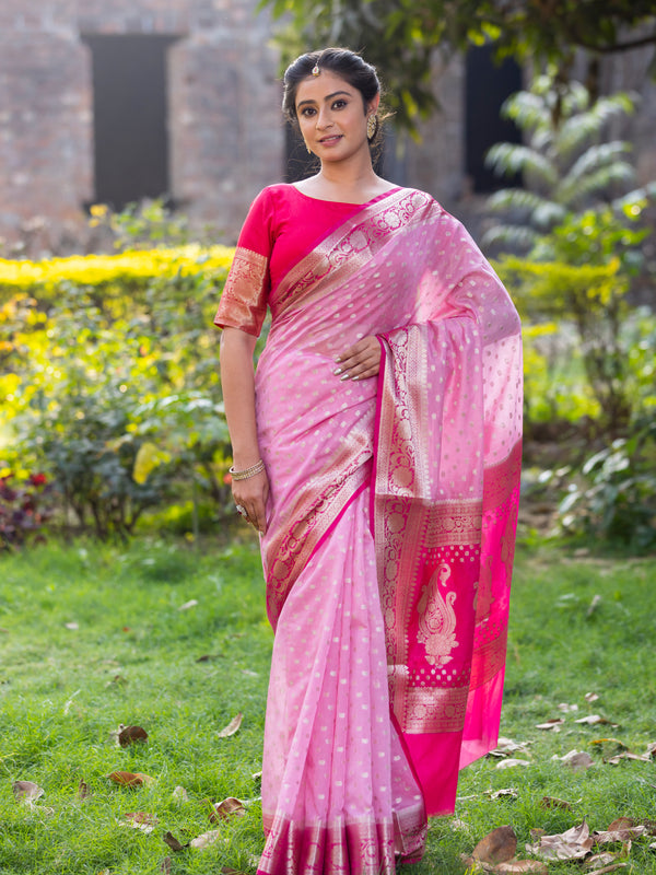 Rani Baby Pink Banarasi Woven Soft Georgette Saree | Circle Buti Pattern