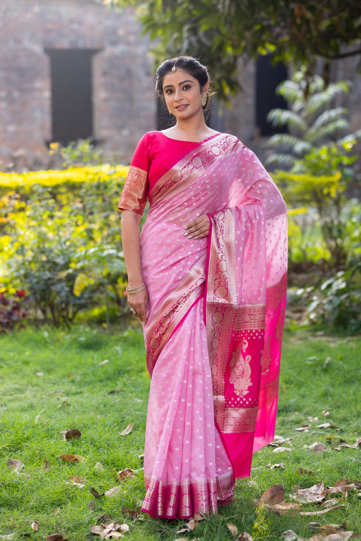 Rani Baby Pink Banarasi Woven Soft Georgette Saree | Circle Buti Pattern