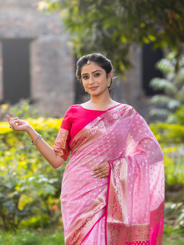 Rani Baby Pink Banarasi Woven Soft Georgette Saree | Circle Buti Pattern