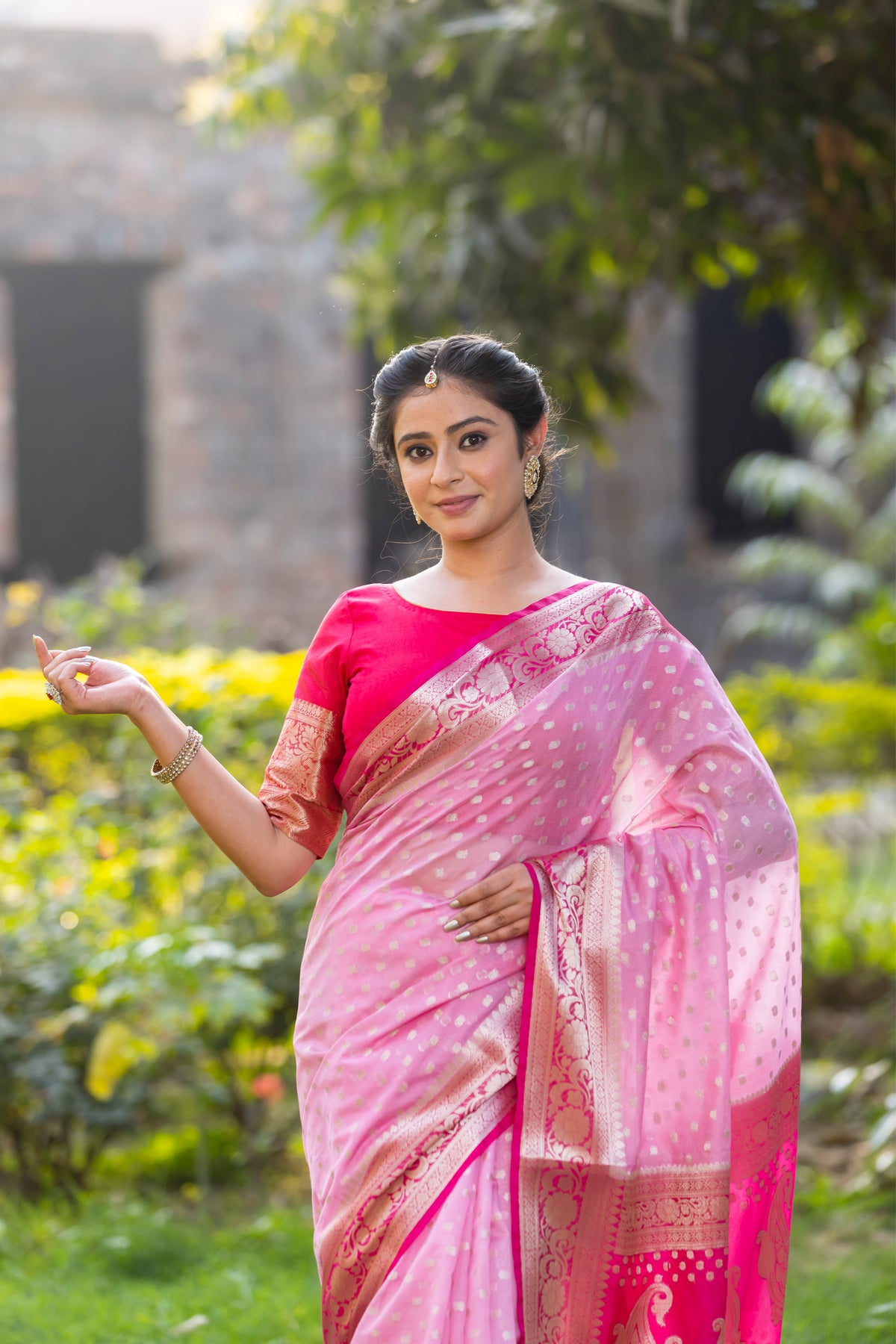 Rani Baby Pink Banarasi Woven Soft Georgette Saree | Circle Buti Pattern