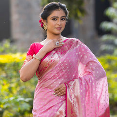 Rani Baby Pink Banarasi Woven Soft Georgette Saree | Circle Buti Pattern