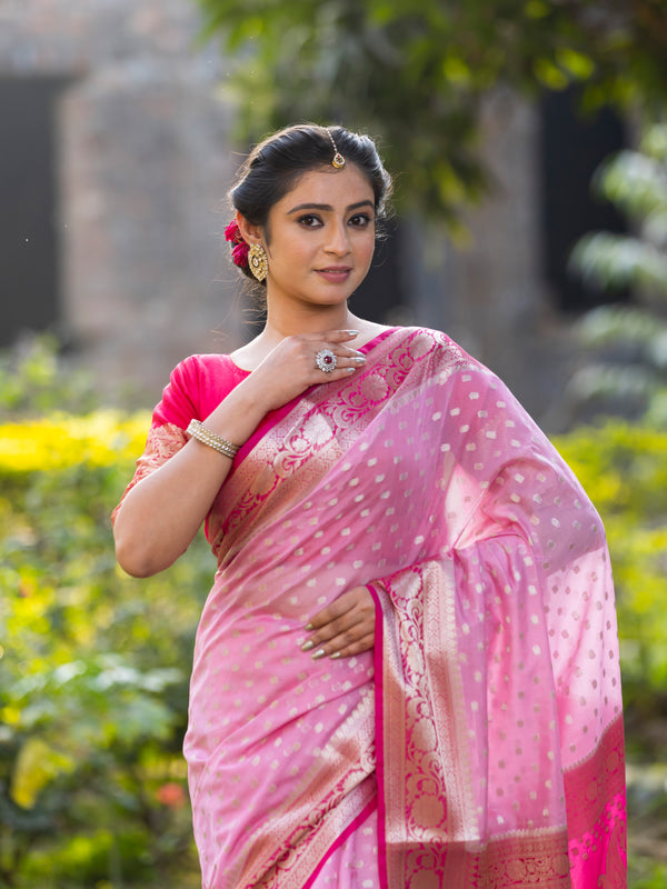 Rani Baby Pink Banarasi Woven Soft Georgette Saree | Circle Buti Pattern