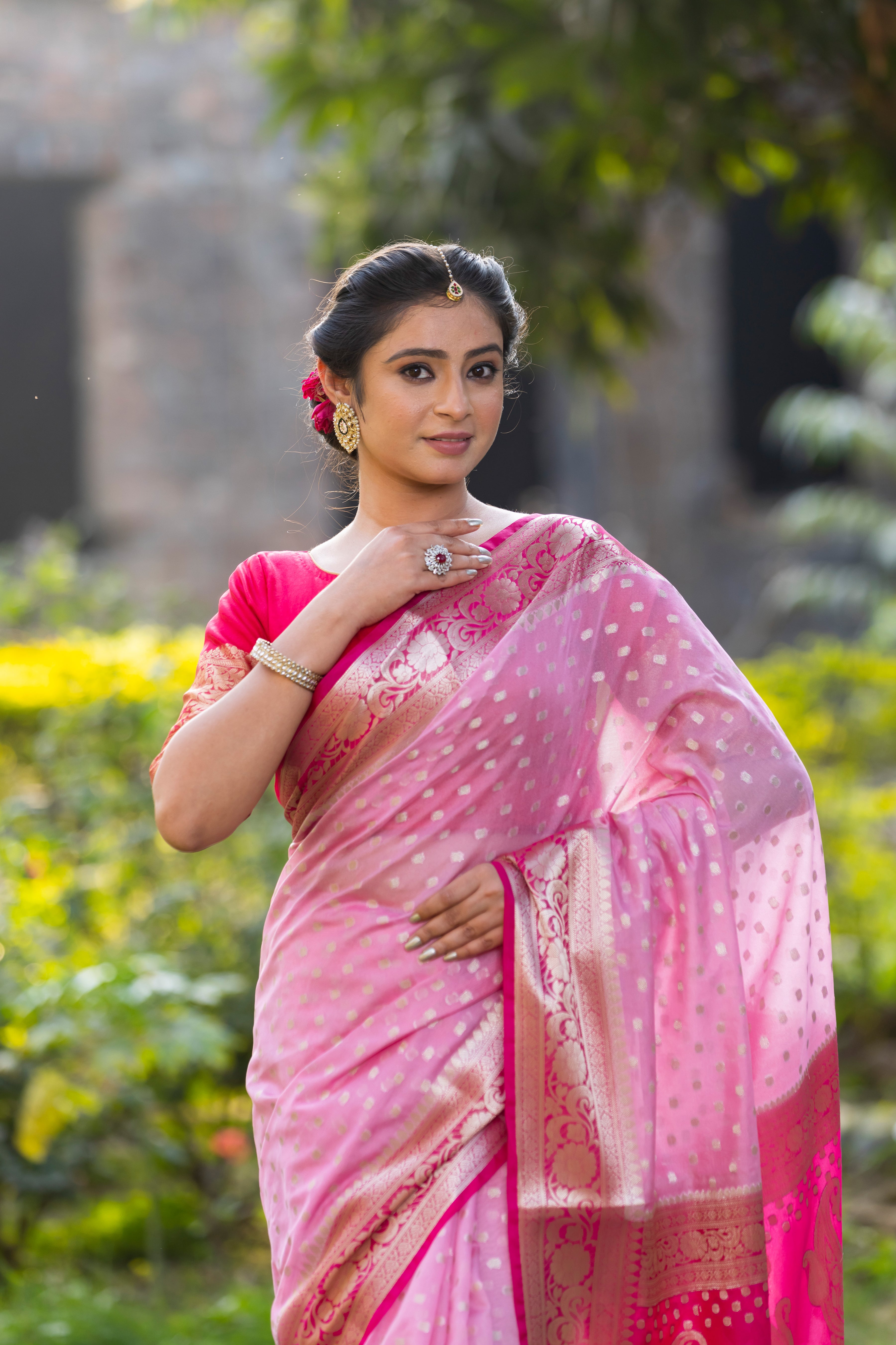 Rani Baby Pink Banarasi Woven Soft Georgette Saree | Circle Buti Pattern