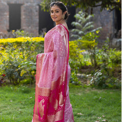 Rani Baby Pink Banarasi Woven Soft Georgette Saree | Circle Buti Pattern