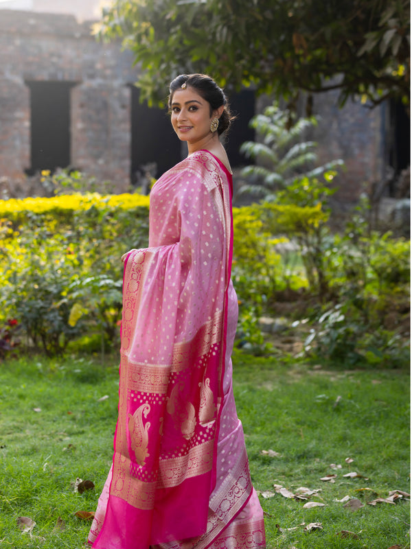 Rani Baby Pink Banarasi Woven Soft Georgette Saree | Circle Buti Pattern