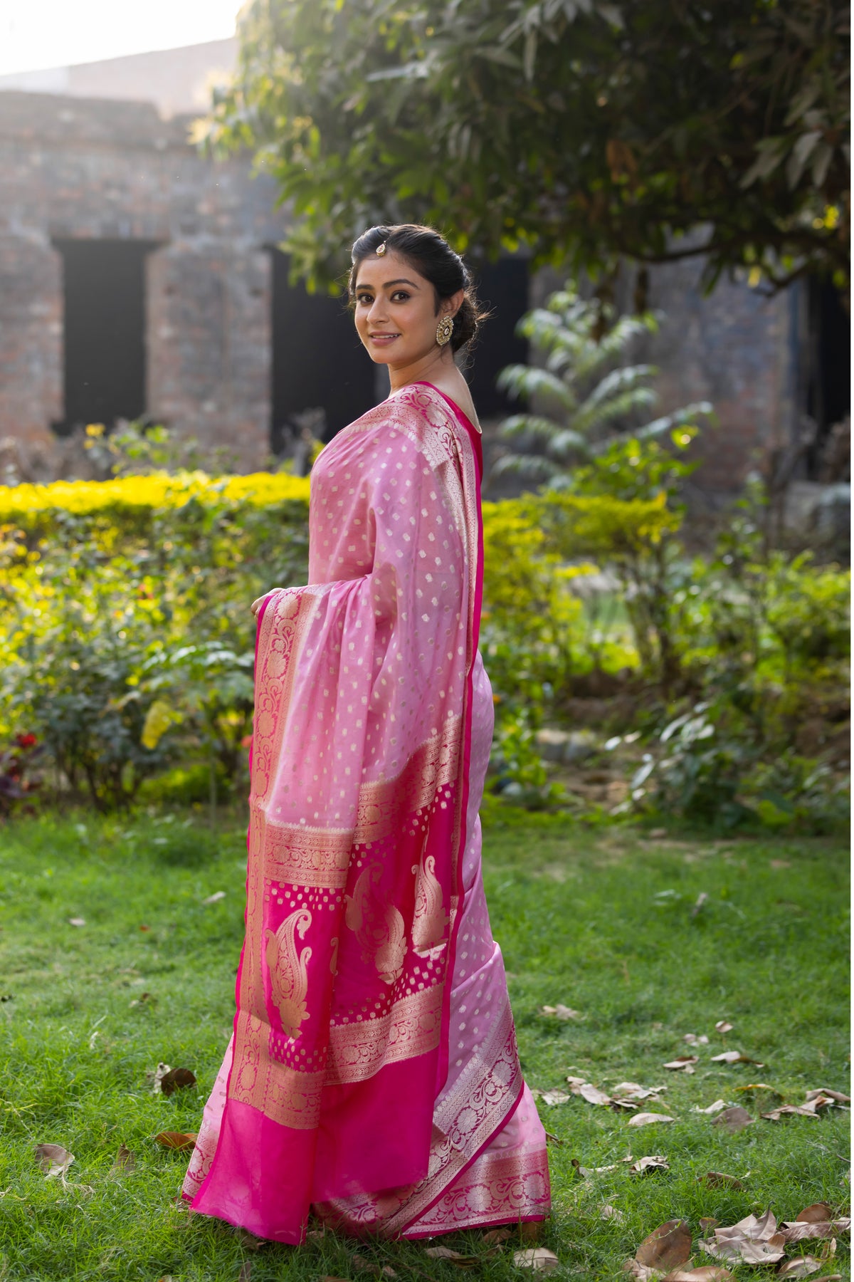 Rani Baby Pink Banarasi Woven Soft Georgette Saree | Circle Buti Pattern