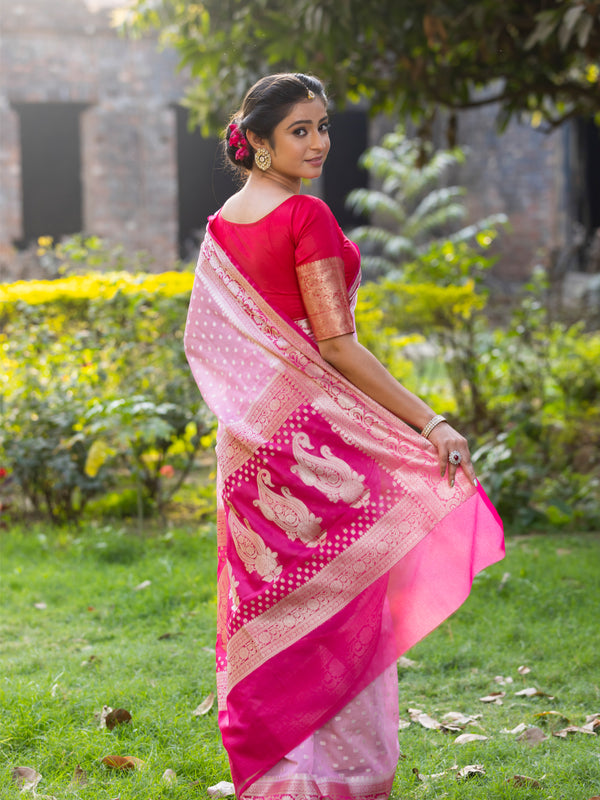 Rani Baby Pink Banarasi Woven Soft Georgette Saree | Circle Buti Pattern