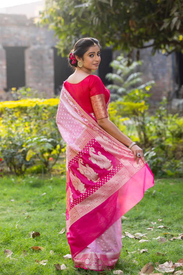 Rani Baby Pink Banarasi Woven Soft Georgette Saree | Circle Buti Pattern