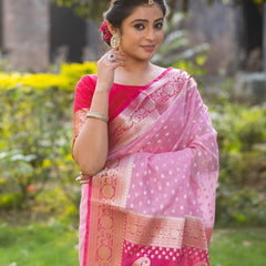 Rani Baby Pink Banarasi Woven Soft Georgette Saree | Circle Buti Pattern