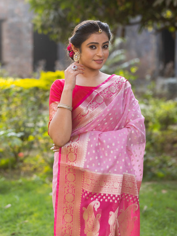 Rani Baby Pink Banarasi Woven Soft Georgette Saree | Circle Buti Pattern
