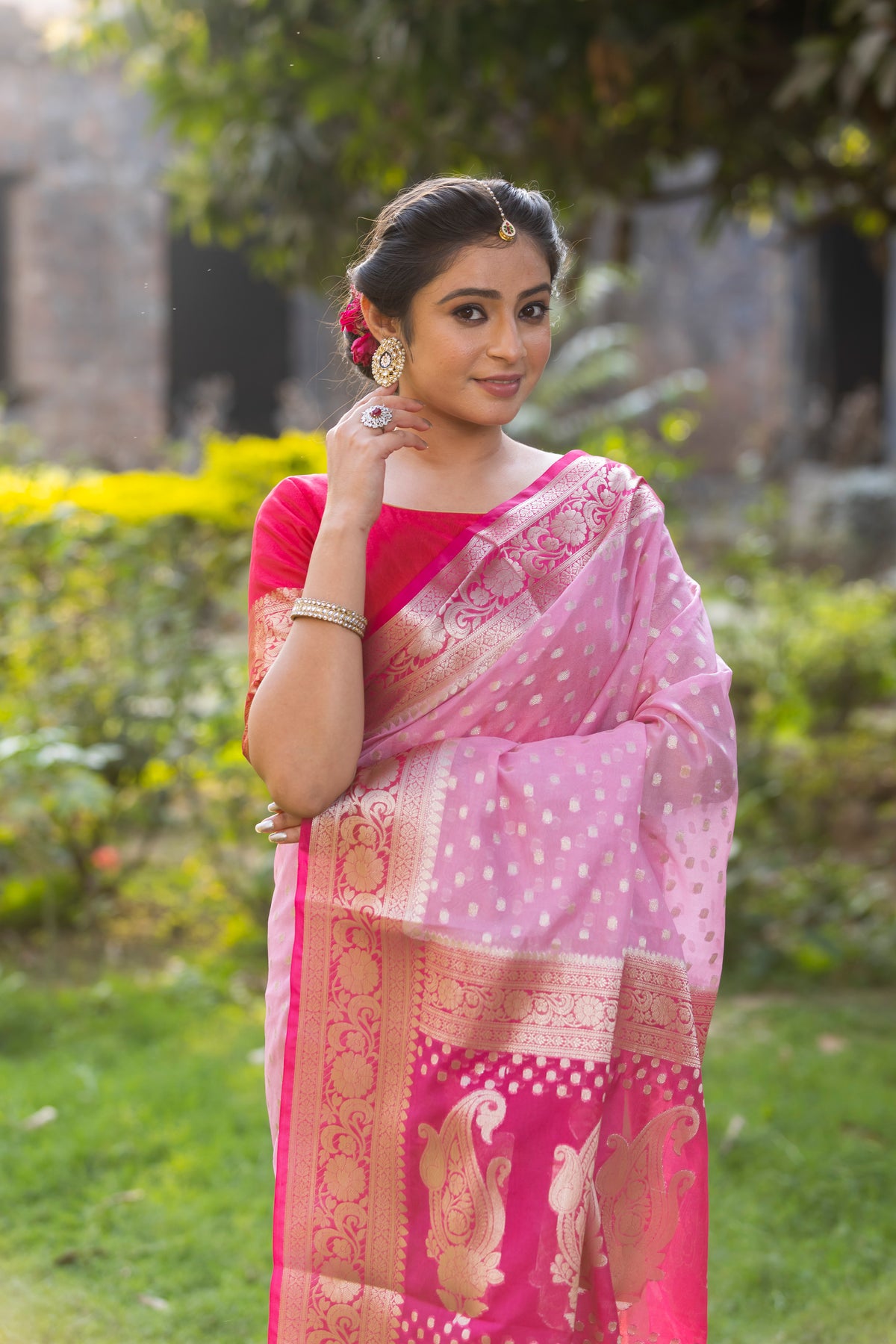 Rani Baby Pink Banarasi Woven Soft Georgette Saree | Circle Buti Pattern