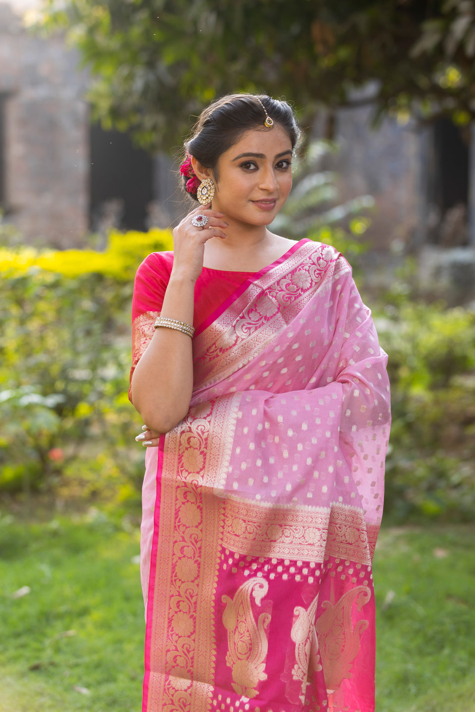 Rani Baby Pink Banarasi Woven Soft Georgette Saree | Circle Buti Pattern