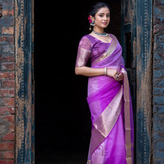 Lavender Pale Banarasi Woven Soft Organza Skirt Border Saree