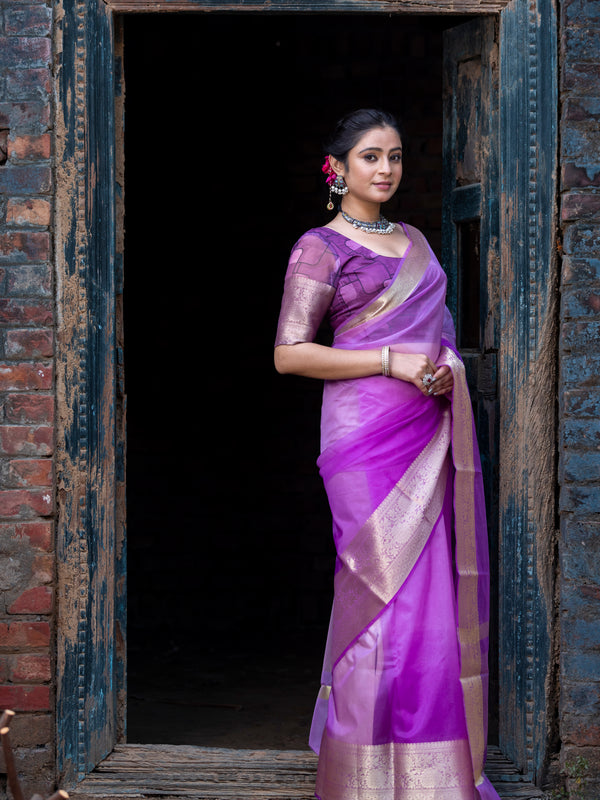 Lavender Pale Banarasi Woven Soft Organza Skirt Border Saree