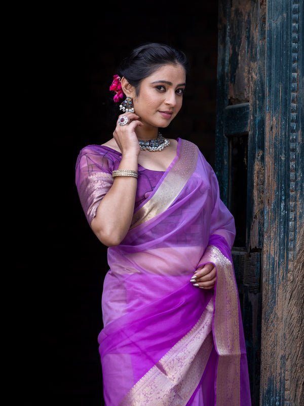 Lavender Pale Banarasi Woven Soft Organza Skirt Border Saree