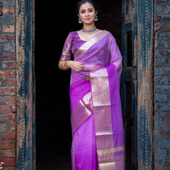 Lavender Pale Banarasi Woven Soft Organza Skirt Border Saree