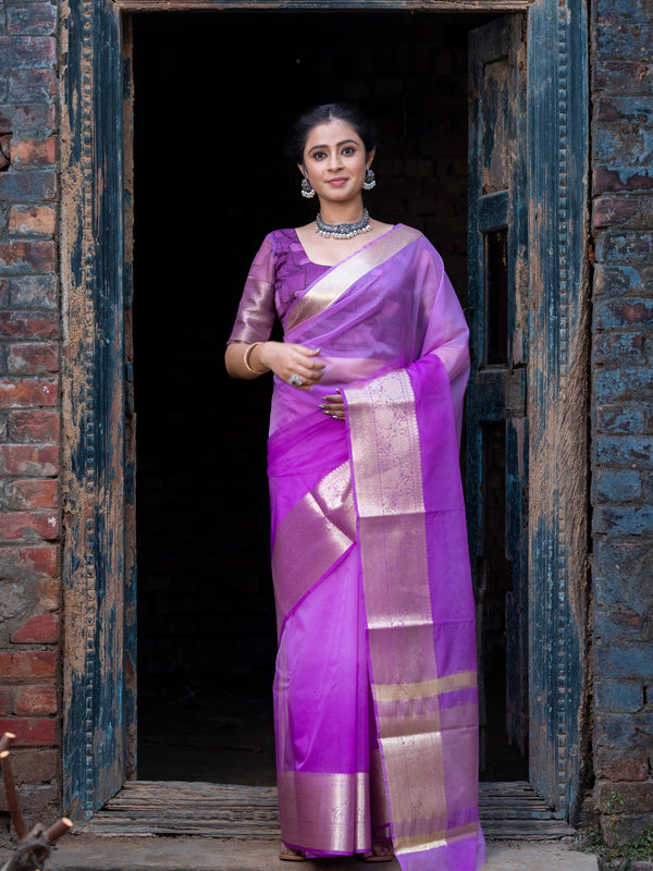 Lavender Pale Banarasi Woven Soft Organza Skirt Border Saree